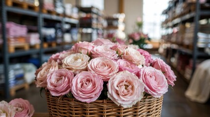 Floral display showcasing delicate pink roses in a wicker basket setting