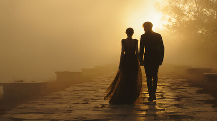 Couple Walking into Sunset: Silhouettes of a bride and groom holding hands and walking towards a sunlit horizon on a misty morning.  The path ahead is their future together.