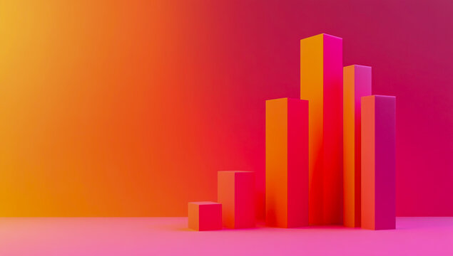 A 3D render of a red bar graph rising upwards against a solid background, featuring a vibrant pink and orange gradient color scheme,