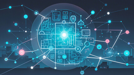 High-tech inspired abstract network map showing interconnected digital points in grayscale with neon startup accents