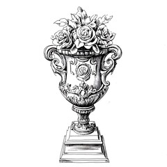 Fototapeta premium Ornate Urn with Roses A Detailed Ink Drawing of a Classic Floral Arrangement.