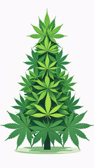 Minimalist cannabis Christmas tree made entirely of green marijuana leaves in a flat vector clipart style on white background