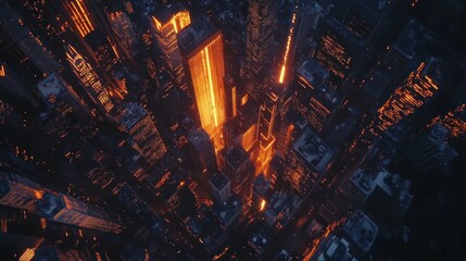 A stylized, aerial view of a futuristic metropolis at night.