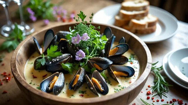 Delicious blue mussels in cream wine sauce. Healthy traditional cuisine served for lunch at a gourmet eatery.