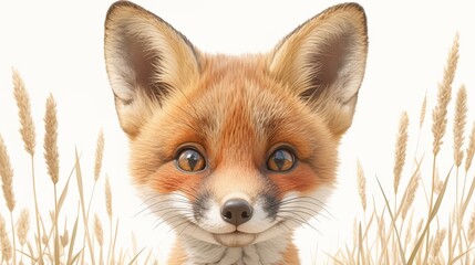 A close-up view of an adorable fox face among wheat stalks