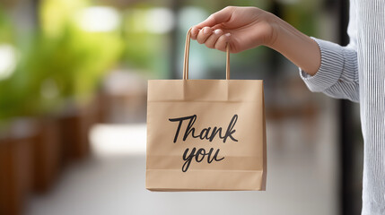 Service minded waitress carrying takeout bag with handwritten gratitude note, standing in softly blurred restaurant interior