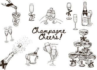 Set of hand drawn Champagne Cheers illustrations, Hands clinking champagne glasses, Champagne cooler and champagne cork popping, Vector ink doodle illustrations for invitations, menus and web icons © CreaFlowDesign