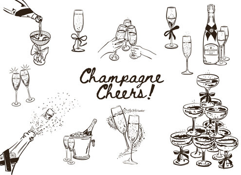 Set of hand drawn Champagne Cheers illustrations, Hands clinking champagne glasses, Champagne cooler and champagne cork popping, Vector ink doodle illustrations for invitations, menus and web icons