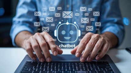 A person using a laptop interacts with a digital chatbot interface.