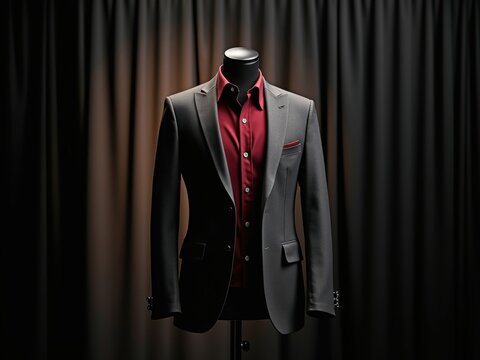 Lujoso traje de hombre de color gris carb&oacute;n con un vibrante forro de seda rojo colocado sobre un maniqu&iacute;