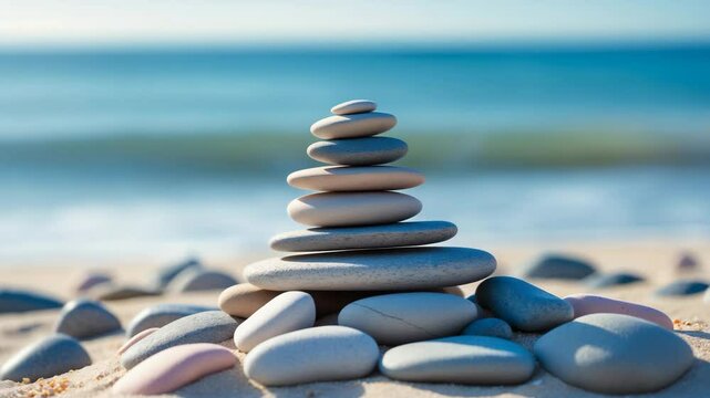 Color palette samples of stacked flat pebbles on sandy surface with a blurred background. Trendy pastel hues inspired by nature.