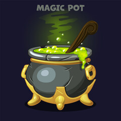 Cartoon pot with Magic potion. Spooky witch caldron with green magic soup in cartoon style isolated. Ui asset, lab game, witchcraft object