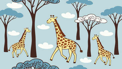 Obraz premium Repeating Giraffe Pattern with Trees and Clouds