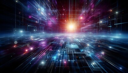 Obraz premium Futuristic abstract background with glowing neon lines and digital grid, dark blue and purple tones, high-tech style 