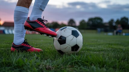 Close-up of soccer player's foot and boot touching a ball on a field.