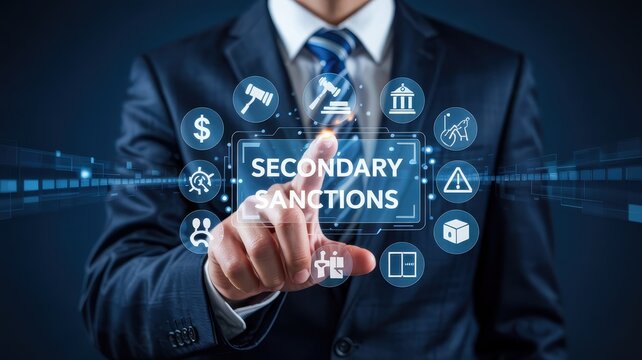 Businessperson interacts with a digital tablet displaying secondary sanctions.