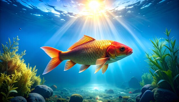 Una vibrante puesta de sol proyecta rayos dorados que brillan sobre la serena superficie de un lago cristalino. Un llamativo pez rojo y amarillo se desliza con gracia por el agua