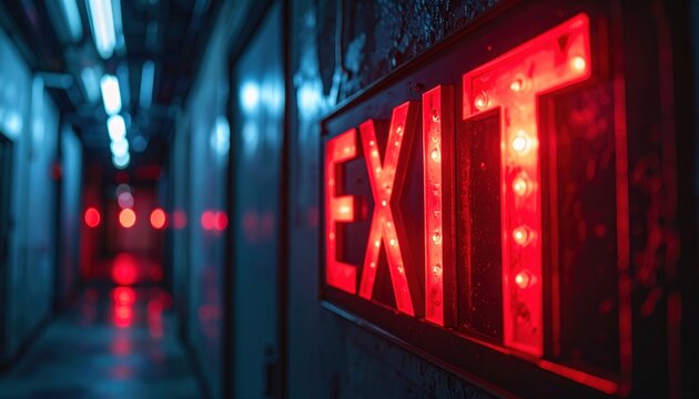 Dimly lit corridor with red neon exit sign and mysterious atmosphere