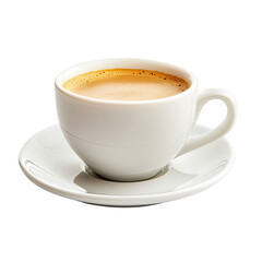 Obraz premium A steaming cup of espresso in a white ceramic cup and saucer. The espresso has a rich, golden-brown color and a visible crema