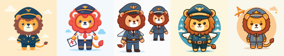 cute lion vector in pilot costume