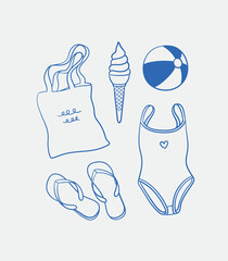Hand-drawn summer set. Line art, ink, minimalist style. Vector illustration. Summer collection.