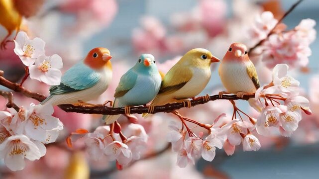 Springtime Serenade: A quartet of vibrantly colored birds, perched upon a branch adorned with delicate blossoms, evokes a sense of renewal and harmony. Capturing the essence of spring.