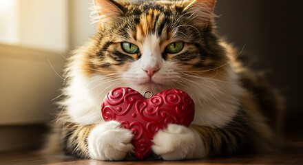 Adorable calico cat expressing love holding a decorative heart for Valentine's Day or pet adoption campaigns