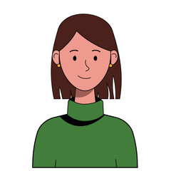 Smiling Woman with Brown Hair in Green Turtleneck Vector Portrait