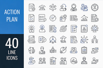 40 Blue Line Icons on Training & Business Concepts &ndash; Minimalist Grid Layout with Header