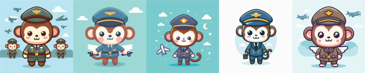 cute monkey vector in pilot costume