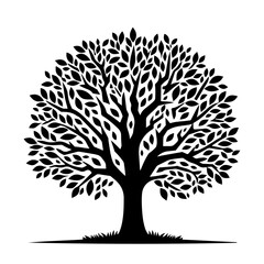 Tree Silhouette with Round Foliage and Grass Base