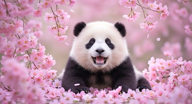 Adorable panda cub surrounded by blooming cherry blossoms creates a springtime scene of peace and cuteness perfect for children's content and nature lovers