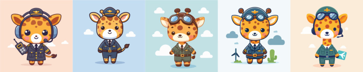 cute giraffe vector in pilot costume