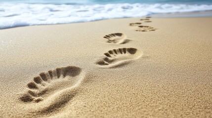 Footprints on the beach leading to the ocean waves