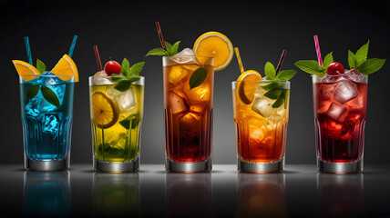 Cuba Libre, Long Island, Mojito, Paloma, Tequila Sunrise, Screwdriver cocktail transparent set bundle, isolated background. Bar menu cocktails in highball glass, colorful refreshing drink garnish