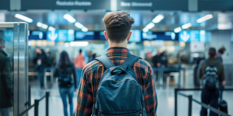 Fototapeta premium Young man with a backpack ready to go through security check in an airport before his flight.