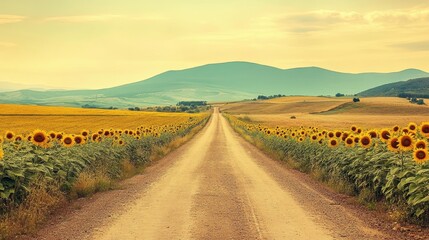 Naklejka premium Bright sunflower borders hugging a quiet country road under a pale, open sky