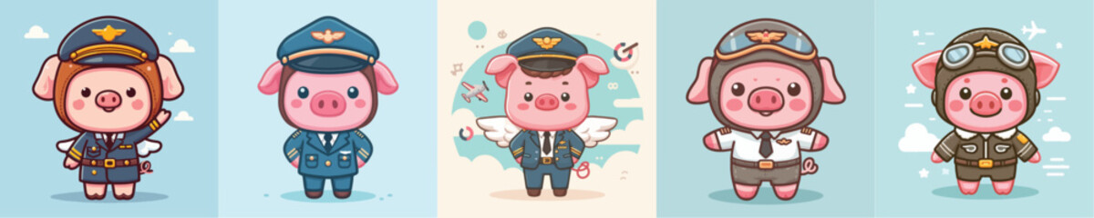 cute pig vector in pilot costume