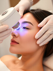 Side view of asian woman getting resurfacing laser fraxel dual and ultrasound face treatment in medical spa center. skin rejuvenation concept
