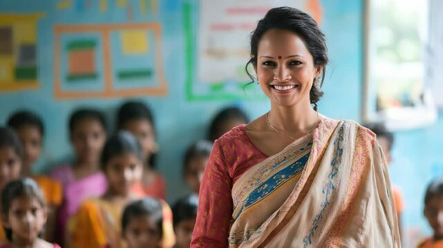 Teacher smiles warmly in a classroom filled with eager students in traditional attire during a vibrant learning session