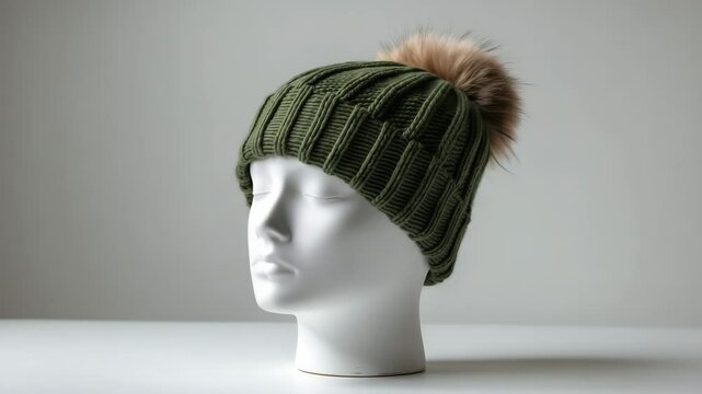 Green hat made of knitting on a mannequin head