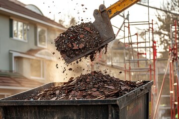  Excavator dumps rubble into large container on construction site, flying debris and scaffolding highlight dynamic work environment.