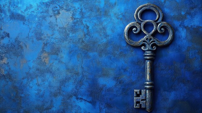 antique skeleton key on blue textured background