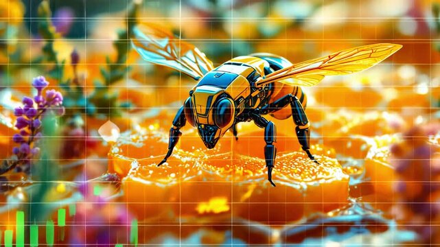 A robotic bee collecting nectar from vibrant flowers while digital graphs overlay the scene