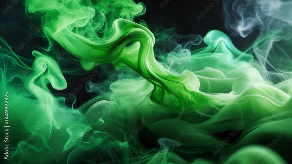 Poster dark backdrop with green smoke pattern. abstract artwork and texture.
