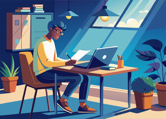 Man Working From Home at His Desk with Laptop and Pencil