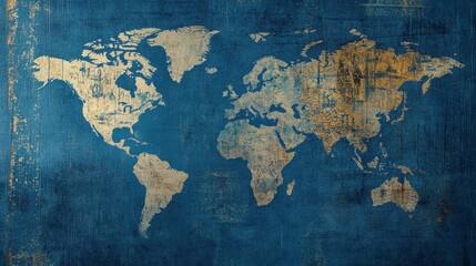 vintage world map grunge texture blue gold tones antique globe