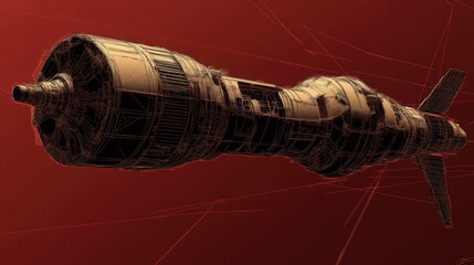 Digital outline of space propulsion system, geometric precision over dark red