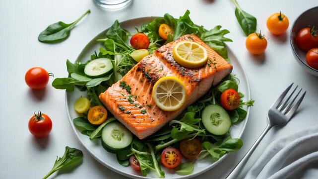 Roasted salmon steak with fresh vegetable salad. Healthy keto option - green salad and grilled salmon fillet on a white backdrop, overhead view, featuring empty space.