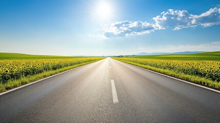 Endless countryside road with vibrant sunflowers lining each side beneath a soft blue sky